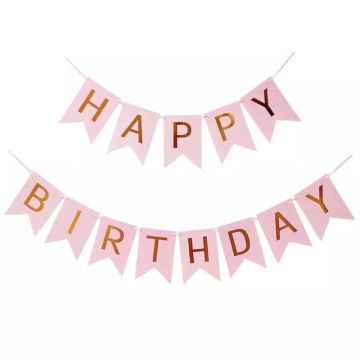 Happy Birthday pink banner with gold letters 15x 175cm.