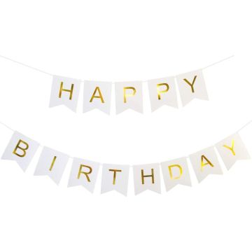 Happy Birthday white banner with gold letters 15x 175cm.