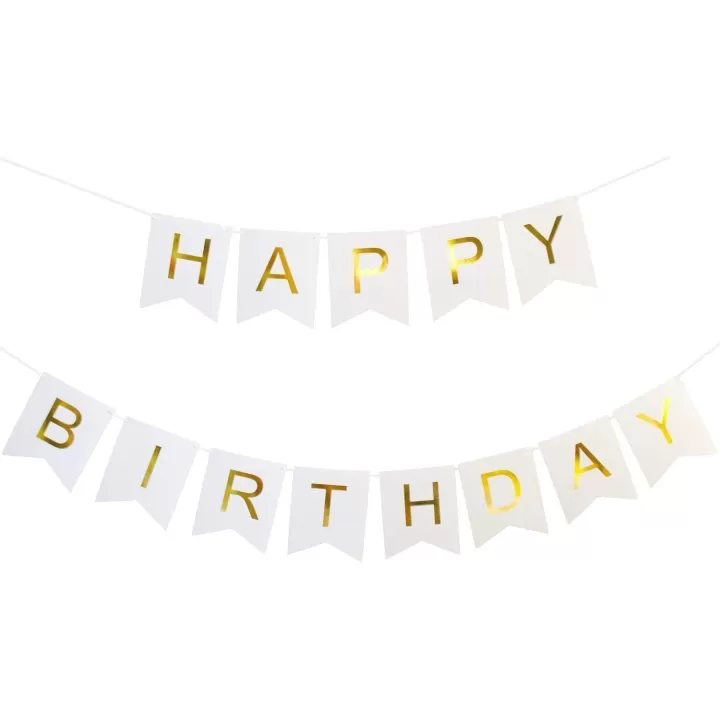 Μπανερ ασπρο με χρυσα γραμματα ''Happy Birthday''  15 x 175 εκ.