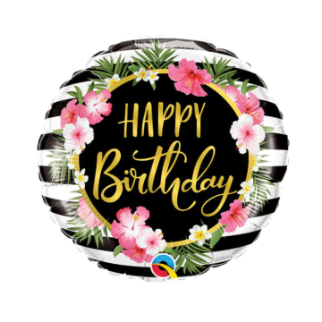 Foil Balloon Happy Birthday hibiscus stripes 46cm.