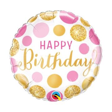 Foil Balloon ''Happy Birthday'' pink with polca dots 46cm.