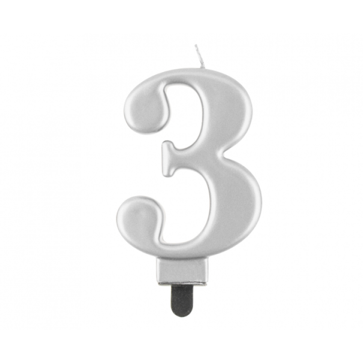 Birthday Candle Digit ''3''Metallic Silver. 8cm.