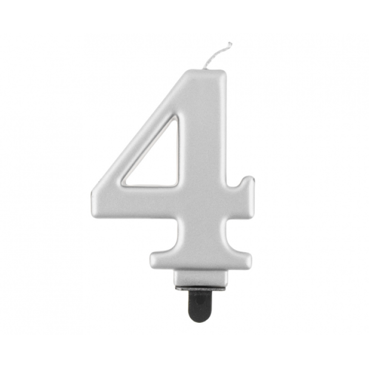 Birthday Candle Digit ''4''Metallic Silver. 8cm.