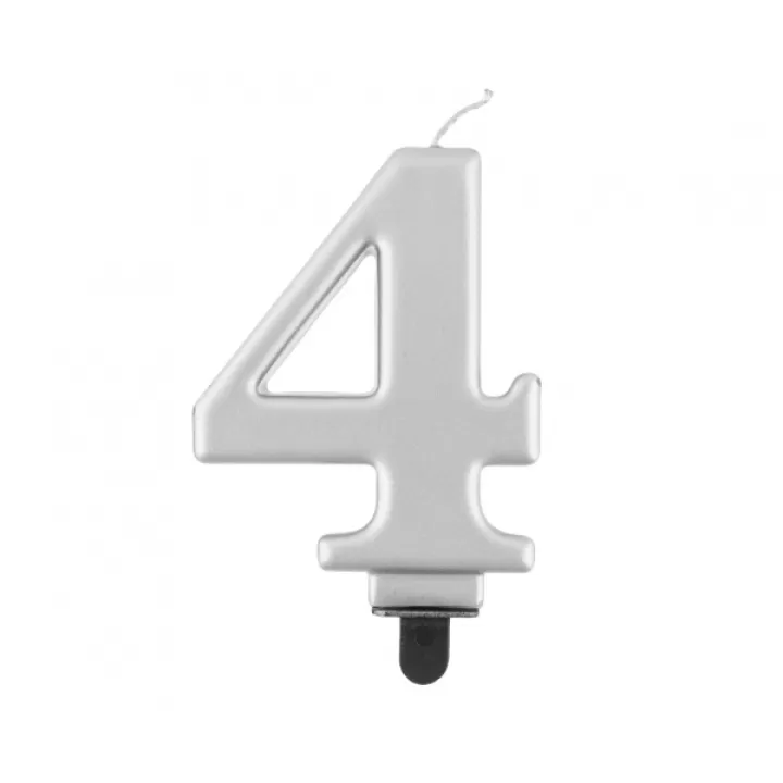 Birthday Candle Digit ''4''Metallic Silver. 8cm.