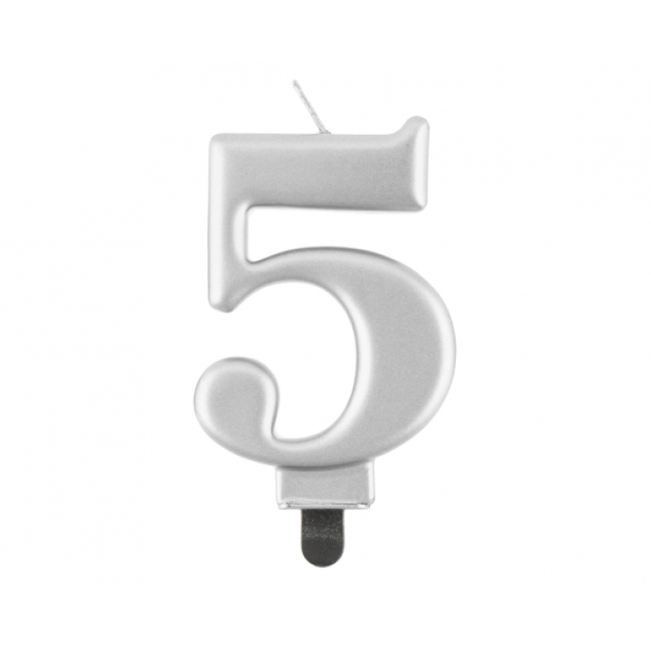Birthday Candle Digit ''5''Metallic Silver. 8cm.