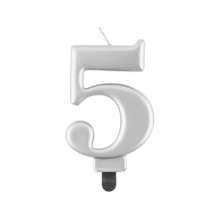 Birthday Candle Digit ''5''Metallic Silver. 8cm.