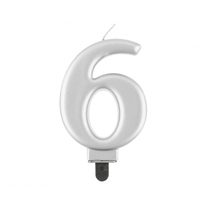 Birthday Candle Digit ''6''Metallic Silver. 8cm.