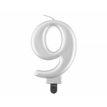 Birthday Candle Digit ''9''Metallic Silver. 8cm.