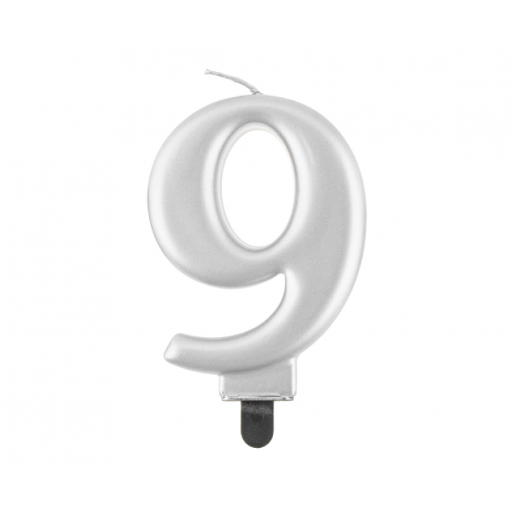 Birthday Candle Digit ''9''Metallic Silver. 8cm.