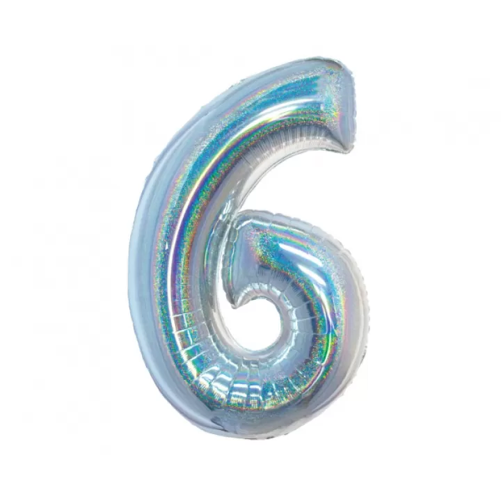 Foil number ''6'' silver iridescent 76cm