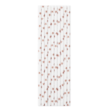 White straws with rose gold stars 10 pcs, 20cm.