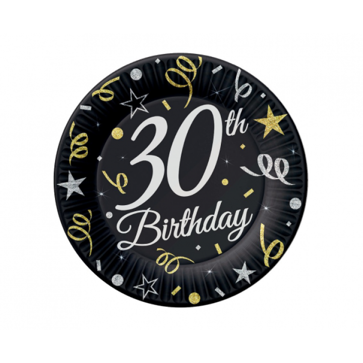 Paper Plates ''30th'' Birthday 23cm. 6pcs.  (plastic free)