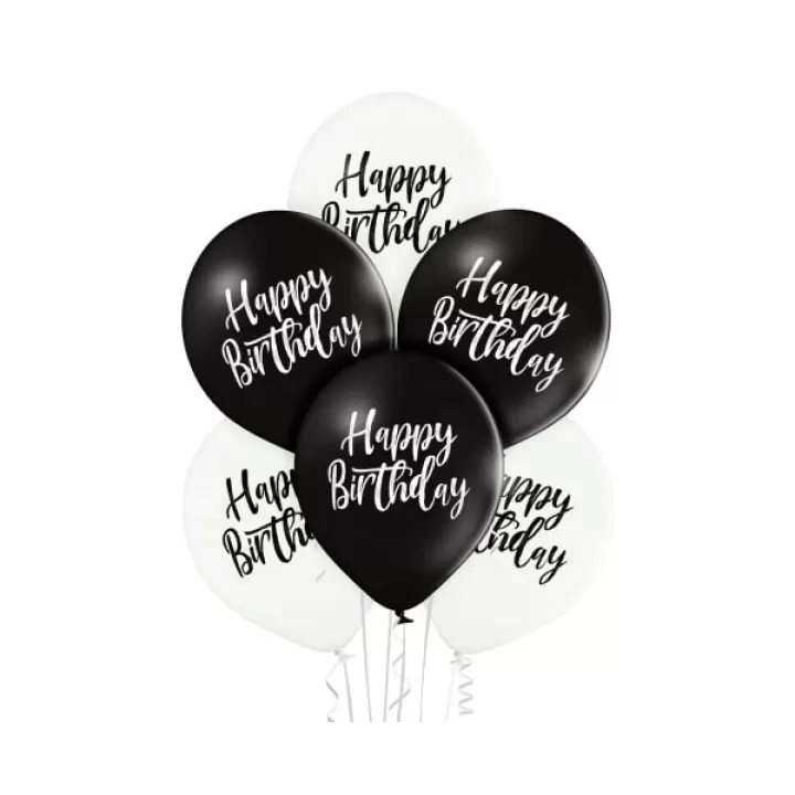 Μπαλονια ''Happy Birthday'' Ασπρομαυρα, σετ 6τμχ. 30εκ
